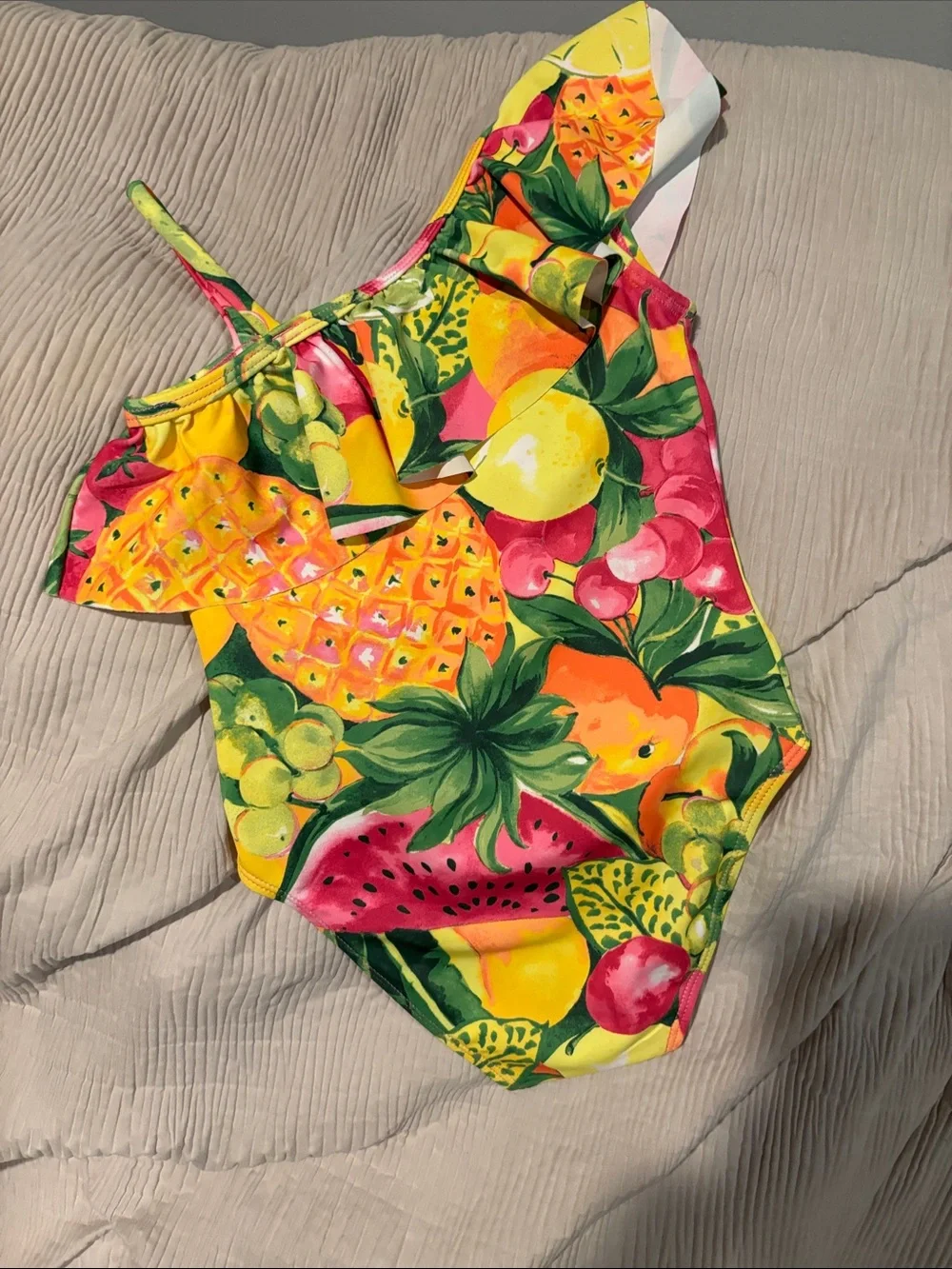 Janie and Jack Yellow & Pink Fruit Print One-Shoulder Swimsuit